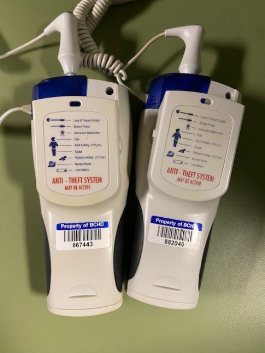 (2) Thermometers, (1) Manual Blood Pressure Machine, (1) Eye (1) Vital Signs Monitor