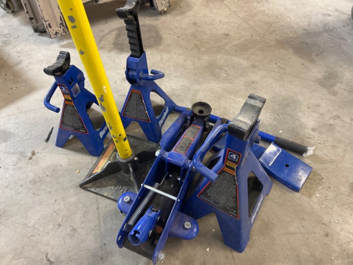 Assortment of Automotive Jacks, Stands & Asphalt Tamp Tool for sale