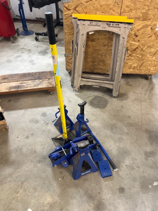 Assortment of Automotive Jacks, Stands & Asphalt Tamp Tool for sale