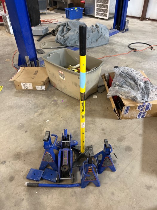 Assortment of Automotive Jacks, Stands & Asphalt Tamp Tool for sale
